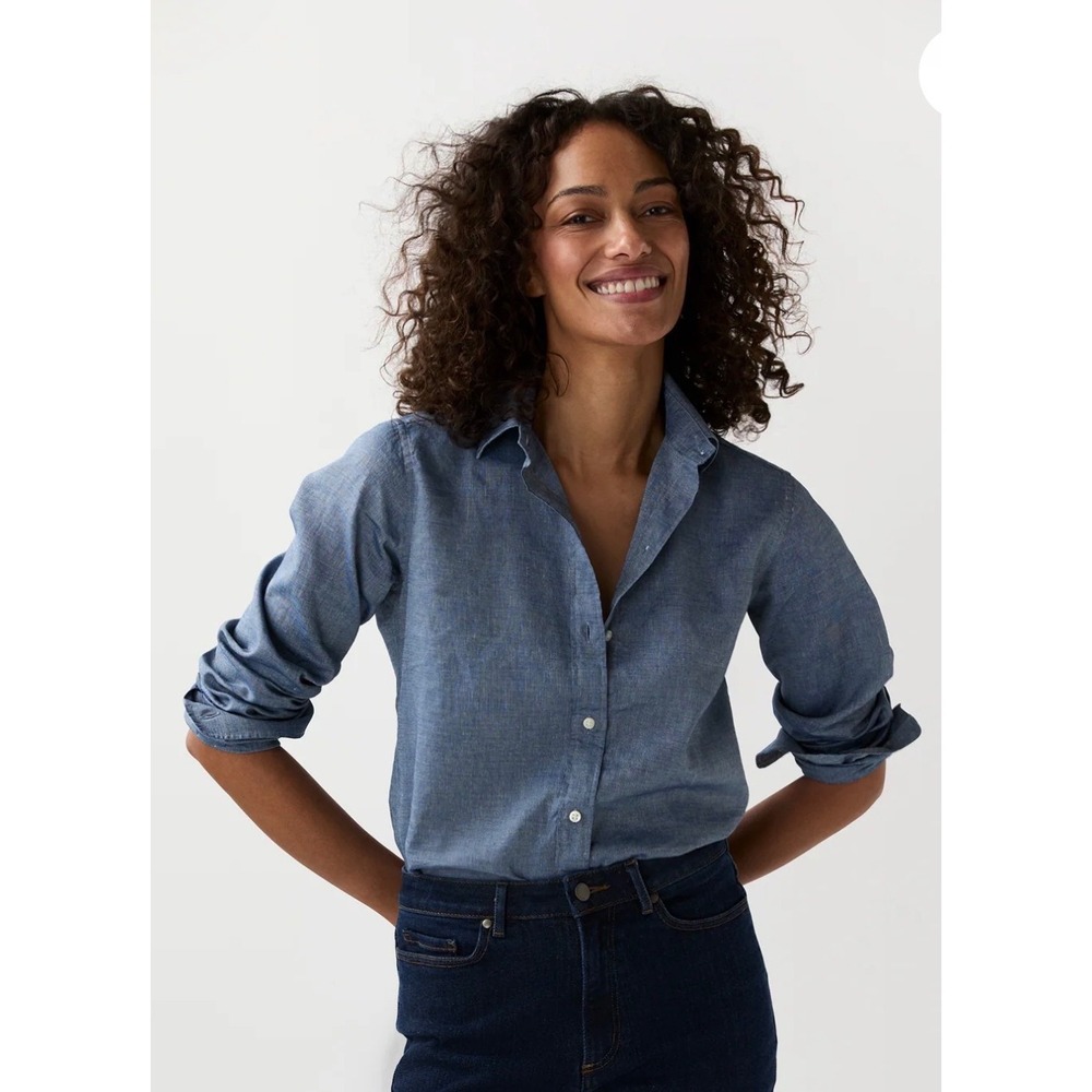 Ann Mashburn Icon Shirt Cotolino Chambray Blue Cotton Linen Button Down M NEW
